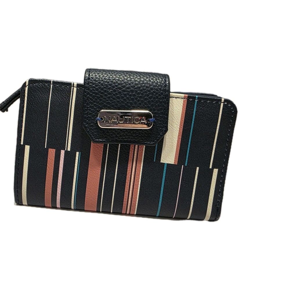Nautica RFID Blocking Women's Wallet Bifold Stripe Pink Ivory Teal